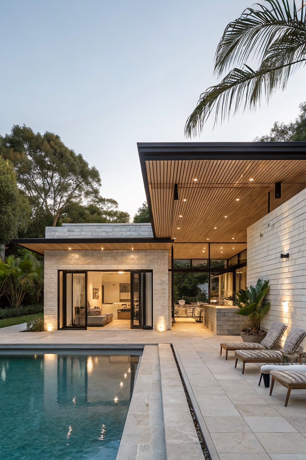 White brick house exterior with wooden slat ceiling overhang over a poolside patio, featuring sliding glass doors, lounge chairs, and potted plants.