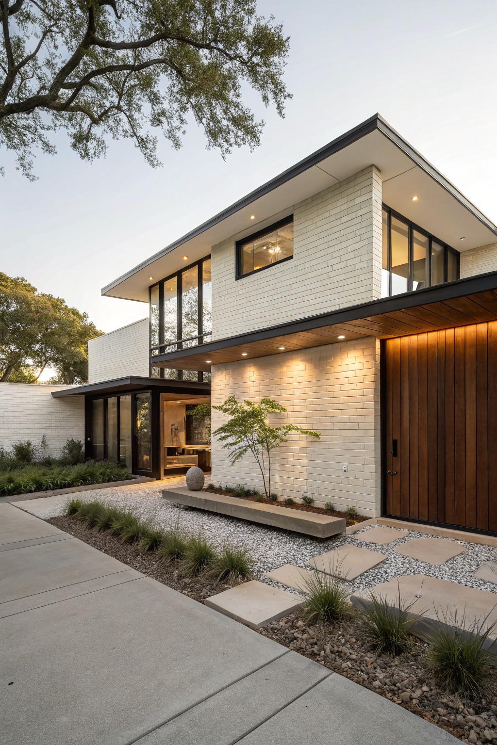 Two-story modern white brick house exterior with cantilevered roof overhang, black metal framing around large windows, vertical wood entry door with lighting, and front yard landscaping including gravel path, stone bench, and grasses.