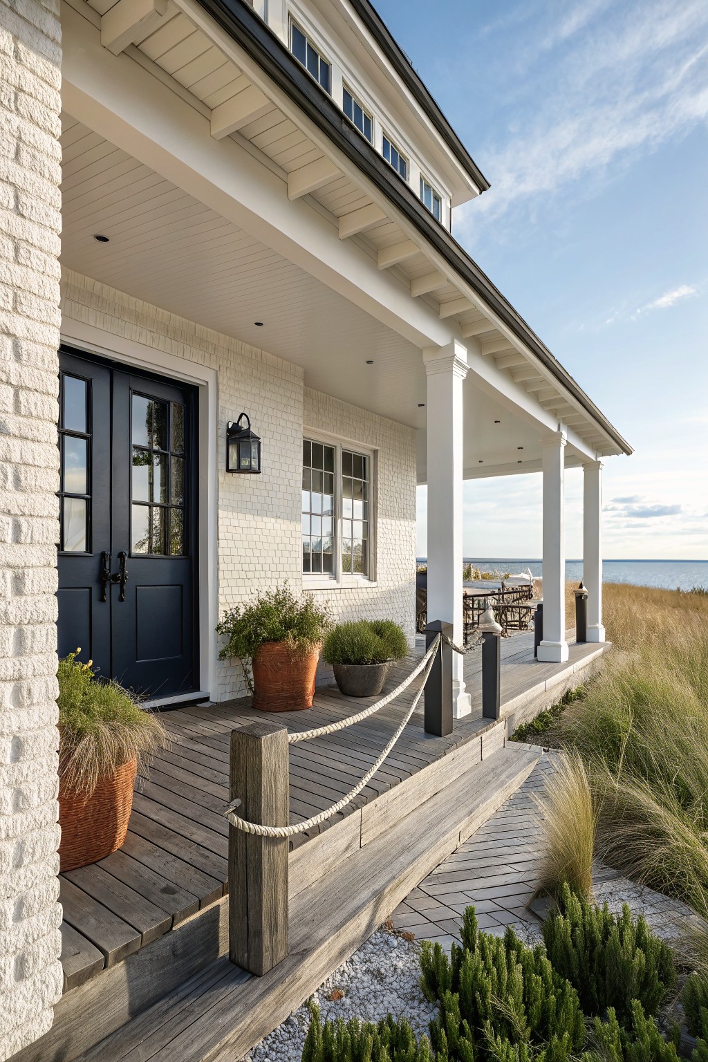 White brick house exterior featuring navy blue double front doors under a covered porch with white columns, dark wood deck with rope railings, potted plants, and beach grasses near a body of water.