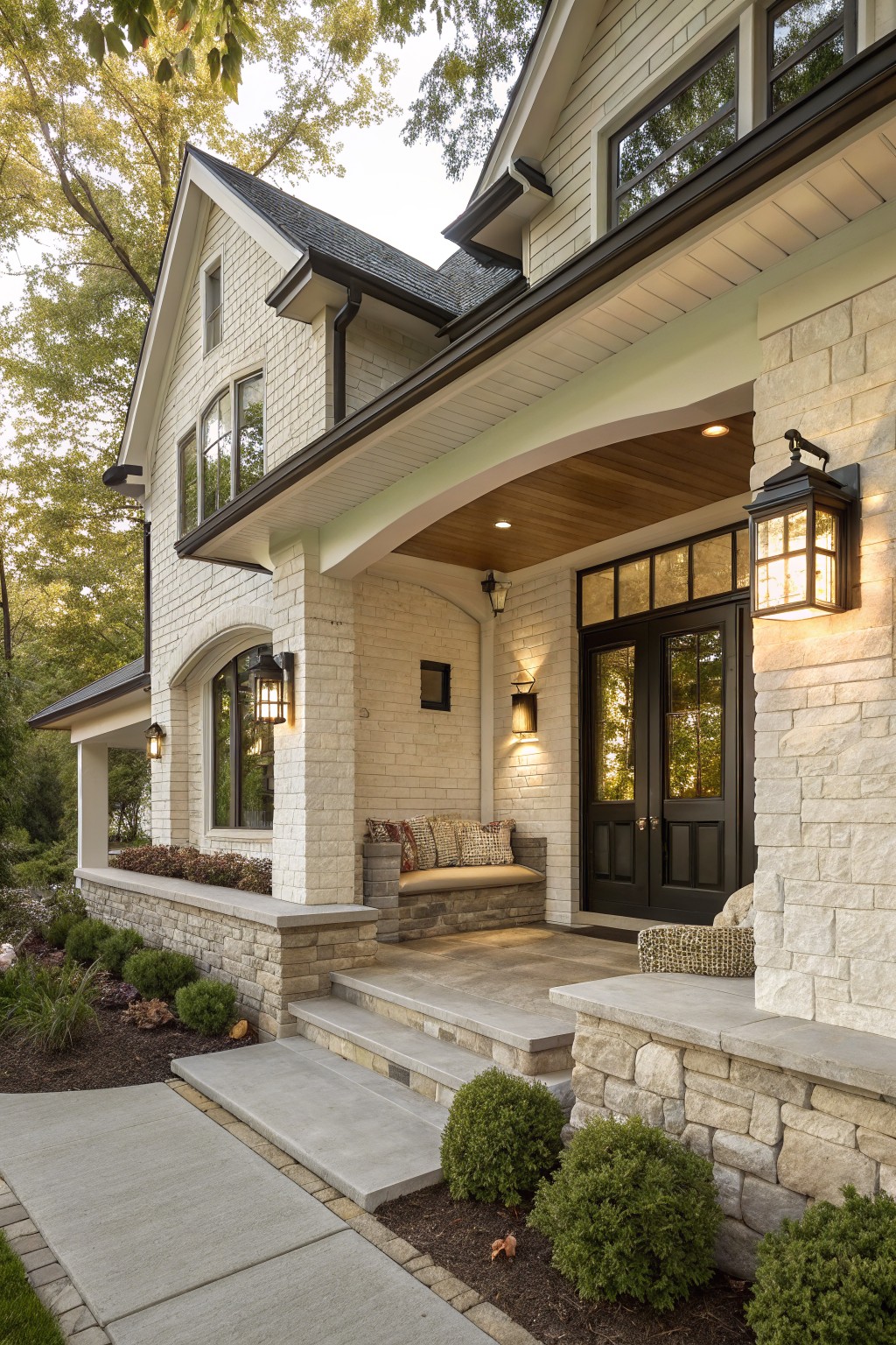 Front exterior view of a two-story house with white wood siding, white brick accents, beige stone foundation and steps, covered porch with wood ceiling, black double doors, lanterns, and low landscaping.