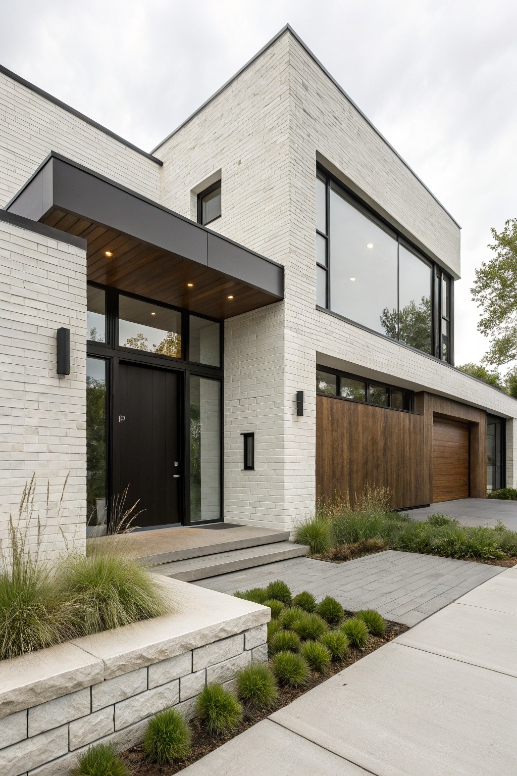 White brick modern house exterior with dark wood entry canopy, black front door, wood garage door, and ornamental grasses along the front steps and pathway.
