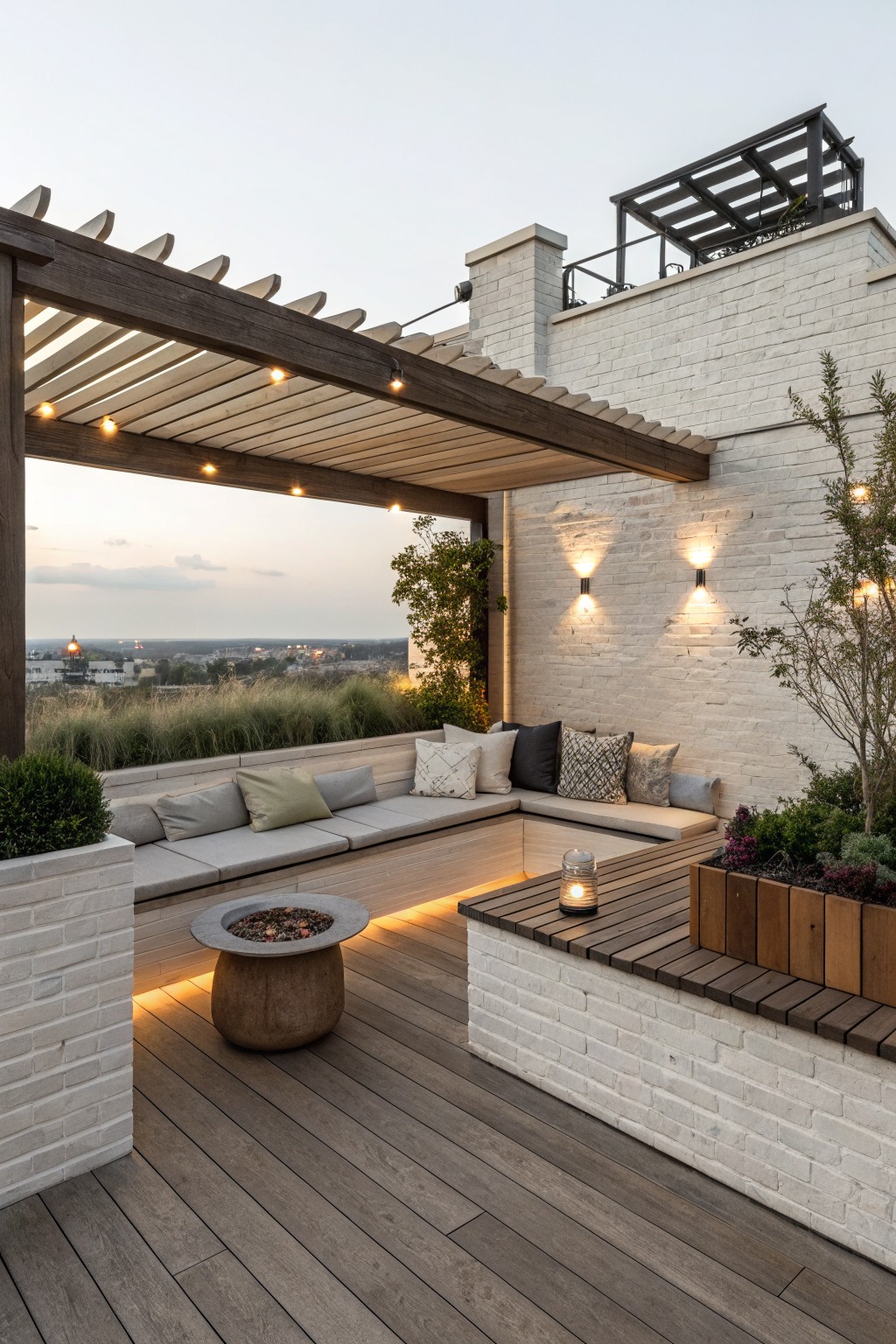 Rooftop terrace with white brick walls enclosing an L-shaped built-in bench seating area around a circular stone fire pit, wooden pergola overhead, potted plants, and dusk cityscape view.