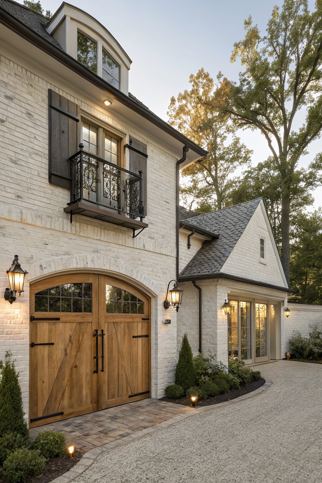 White brick house exterior with arched double wooden garage doors, black shutters on upper windows, a small balcony, lanterns, and low shrubs along a curved driveway.