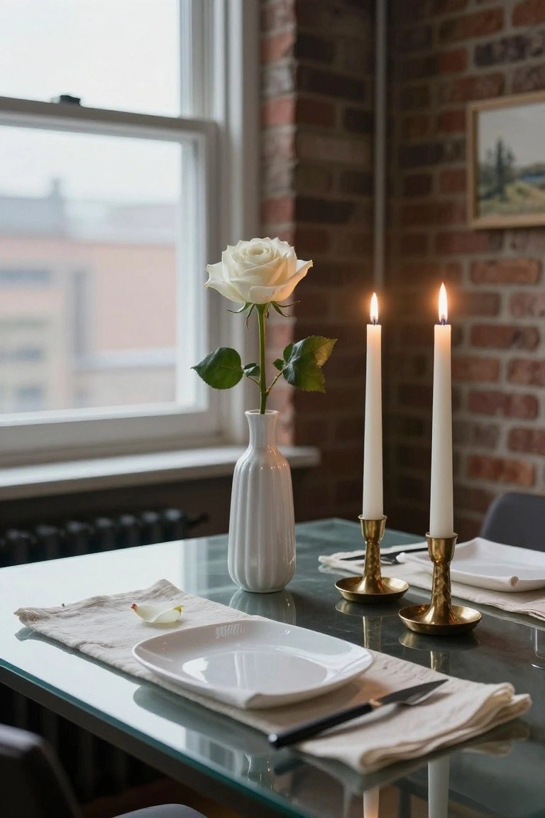 Close-up of a glass dining table set with a white rose in a fluted vase, two lit white taper candles in brass holders, a white plate, knife, and linen napkin, next to a window and brick wall.