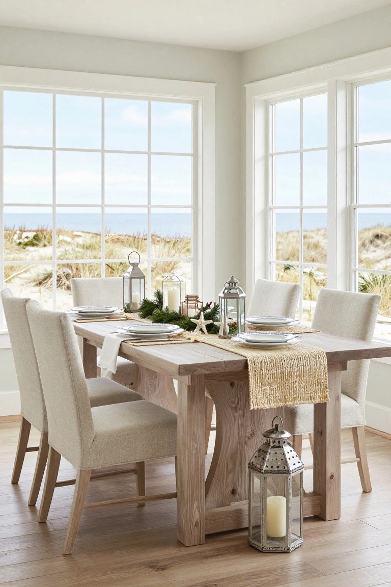 Dining room with light wooden trestle table set for Christmas using white plates, beige linen napkins, evergreen garland with starfish, lanterns, and candles on a seagrass runner, plus cream upholstered chairs and large windows showing beach dunes and ocean.