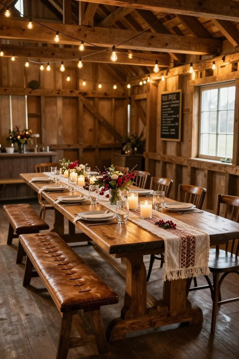 Long rustic wooden table set for dinner in a barn with benches, white plates, glasses, candles, red berries, flowers in jars, embroidered runner, and string lights overhead.