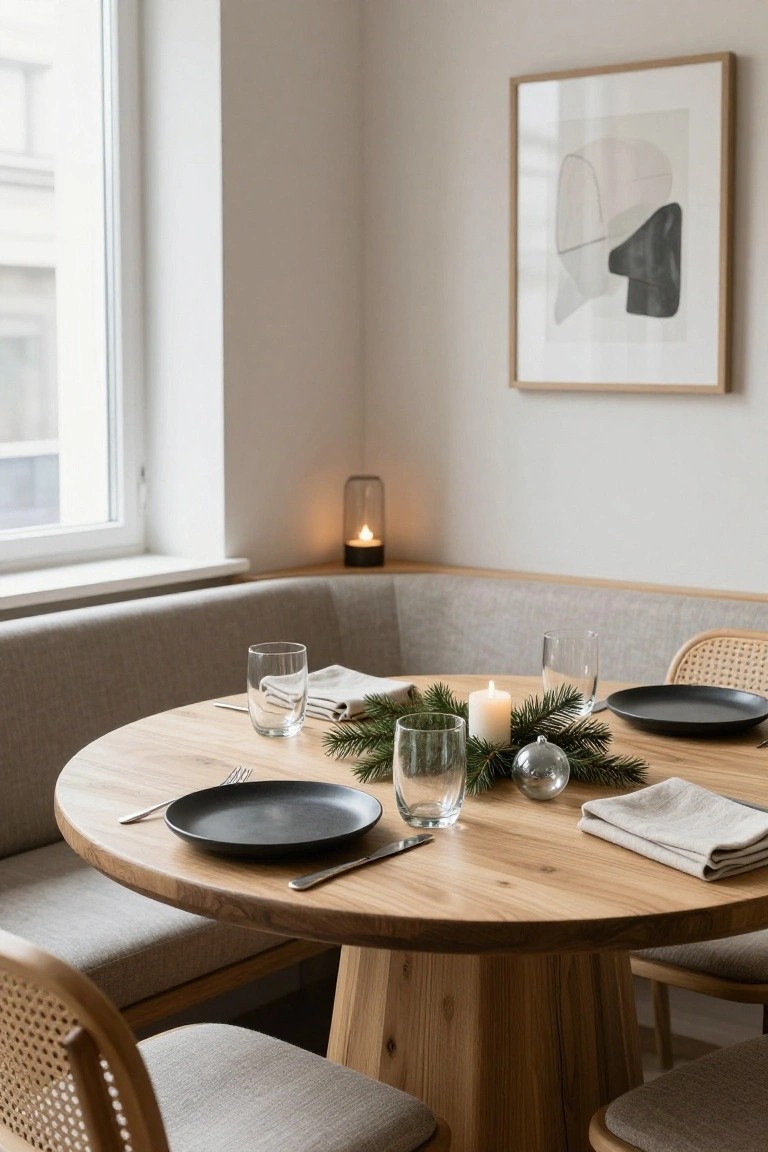 Corner dining nook with gray banquette seating, round wooden table set with black plates, glassware, fir branches, candles, and a glass Christmas ornament, next to a window in a white room.