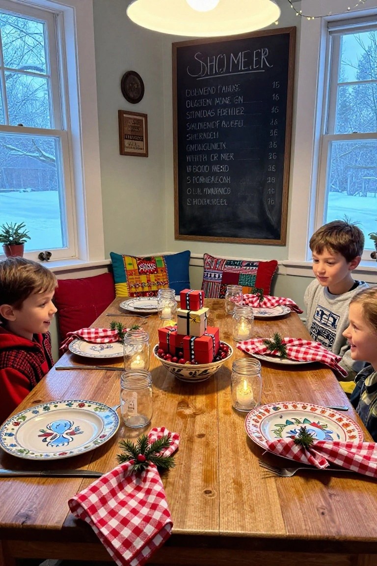 Wooden dining table in a cozy corner nook set for Christmas with checkered red napkins tied with fir sprigs, mason jar candles, bowls of red berries, stacked small gift boxes as centerpiece, colorful plates, and two young children seated, chalkboard menu on wall.