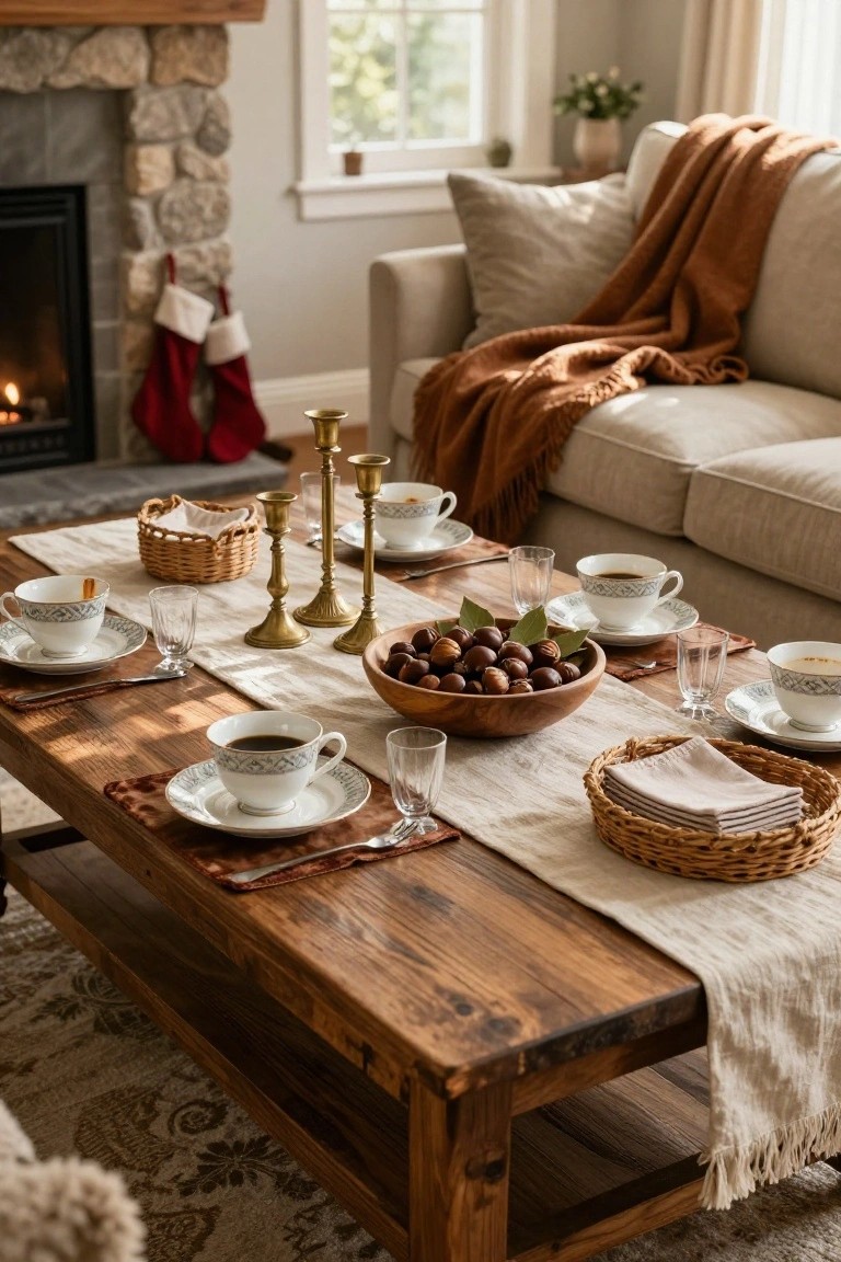 Wooden coffee table in a living room styled with a beige linen runner, white porcelain teacups and saucers, brass candelabras, glassware, a wooden bowl of chestnuts with bay leaves, and wicker baskets holding napkins, near a beige sofa and stone fireplace with red Christmas stockings.