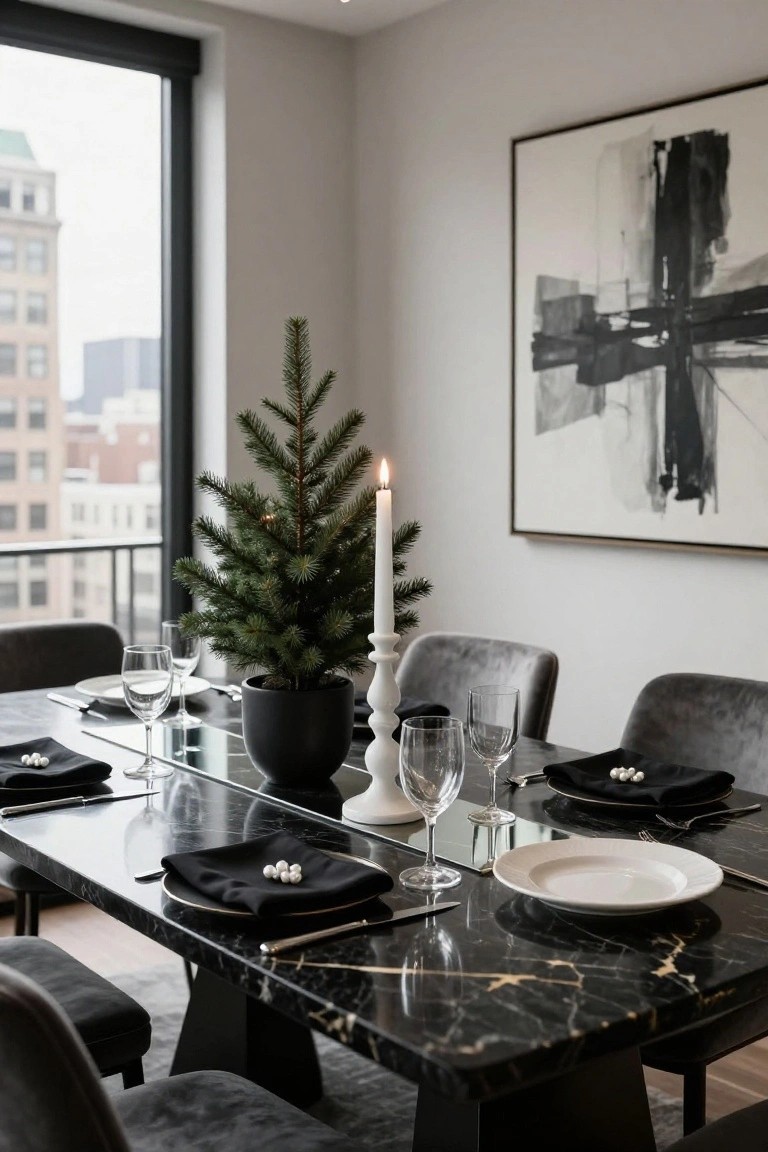 Black marble dining table set for a meal with white plates, black napkins topped with pearls, wine glasses, a small potted Christmas tree in a black pot, a white candle holder with lit candle, and gray velvet chairs in a room with large windows overlooking buildings.