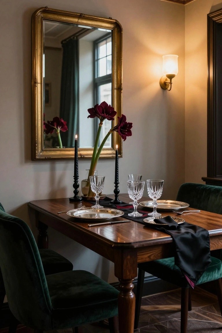 Elegant dining setup with dark green chairs, candle holders, crystal glasses, and red flowers.