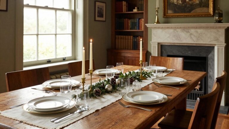 22 Classy Christmas Table Decor Ideas That Feel Timeless Dining room table set for Christmas with a long central garland of greenery, pinecones, and candles, white plates, gold-rimmed dishes, crystal glasses, wooden chairs, marble fireplace, and bookshelves in background.