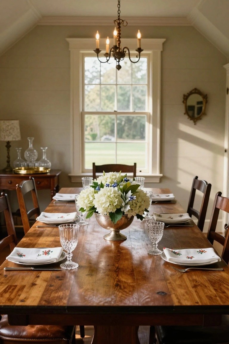 Dining room table set with large white hydrangea bouquet in silver bowl centerpiece, crystal glassware, white plates on embroidered napkins, wooden chairs, chandelier overhead, lamp and sideboard nearby, window showing outdoor view.