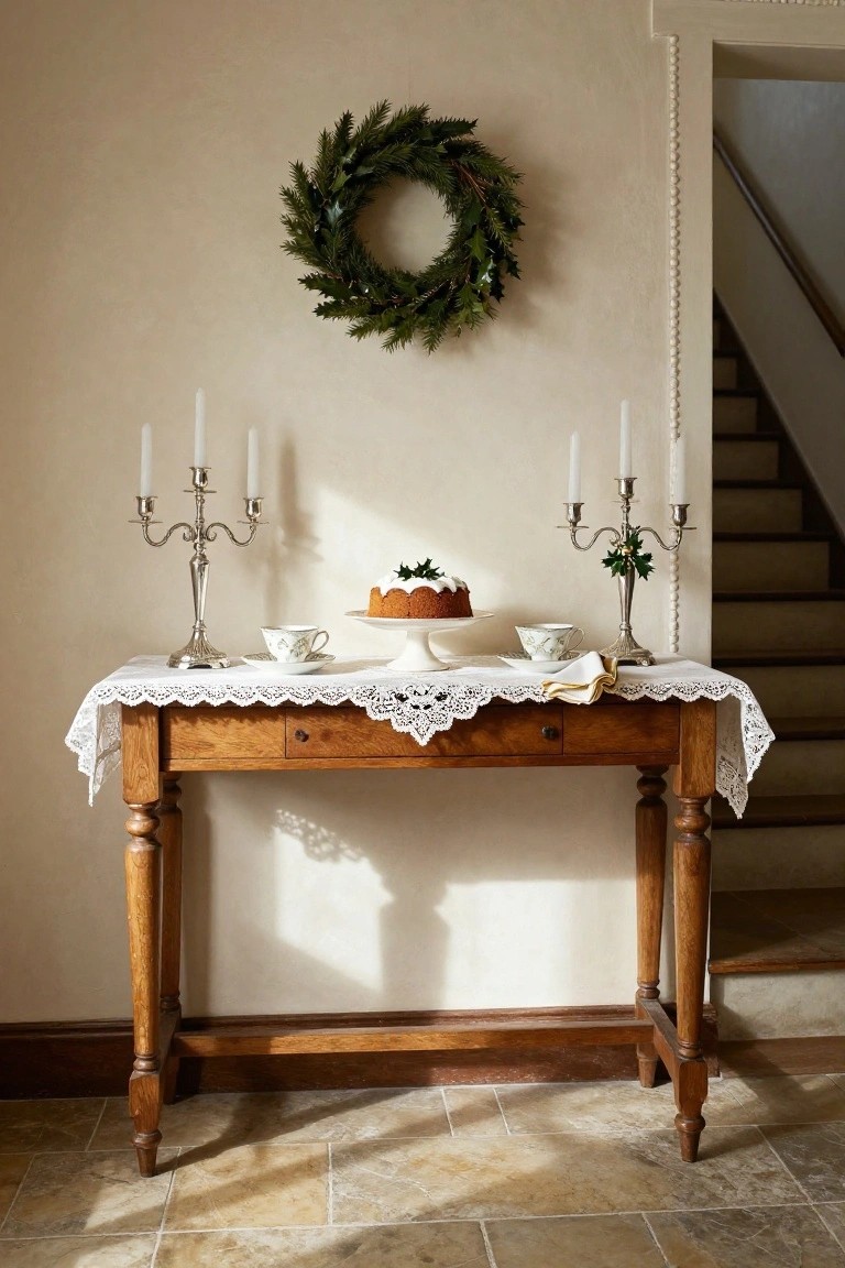 Wooden console table in a beige hallway with white lace tablecloth, silver candelabras, teacups, fruitcake on a stand, and green holly wreath on wall next to stairs.