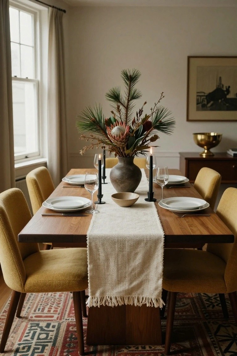 Dining table set with white plates, wine glasses, candles, a small bowl, and a large terracotta vase of pine branches, protea flowers, and dried elements on a white runner, surrounded by yellow upholstered chairs in a room with white walls and a patterned rug.