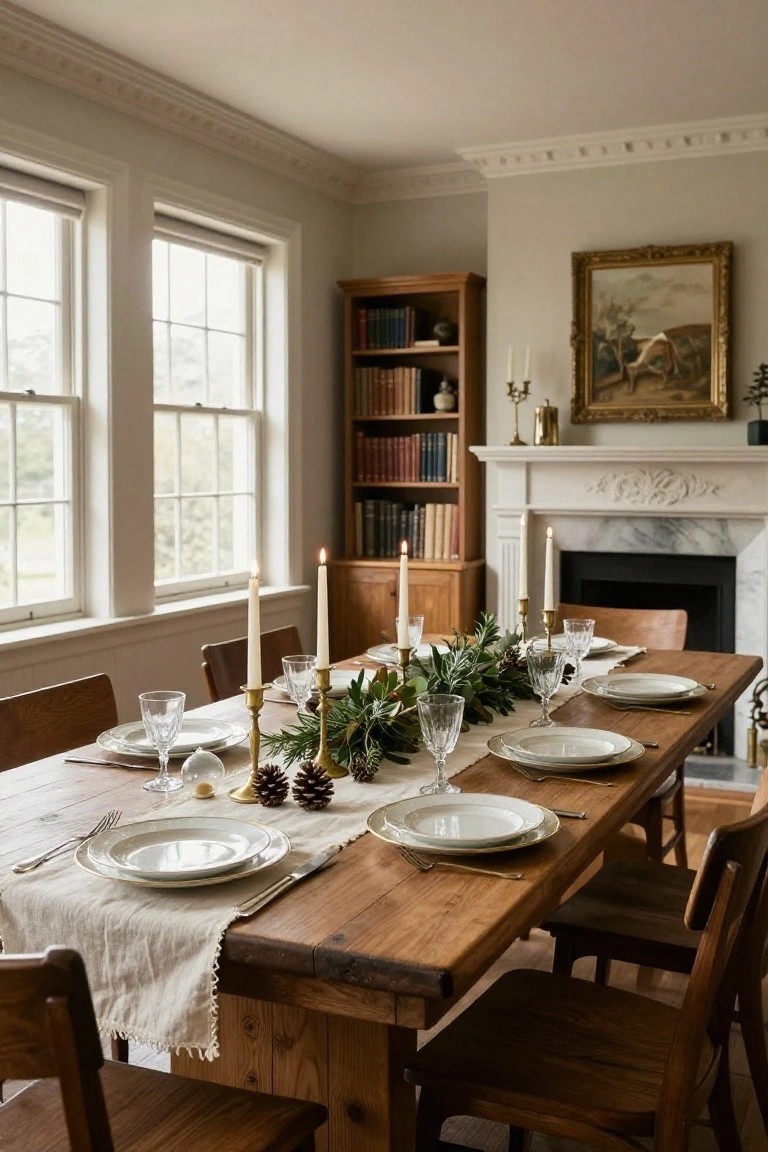 Dining room table set for Christmas with a long central garland of greenery, pinecones, and candles, white plates, gold-rimmed dishes, crystal glasses, wooden chairs, marble fireplace, and bookshelves in background.