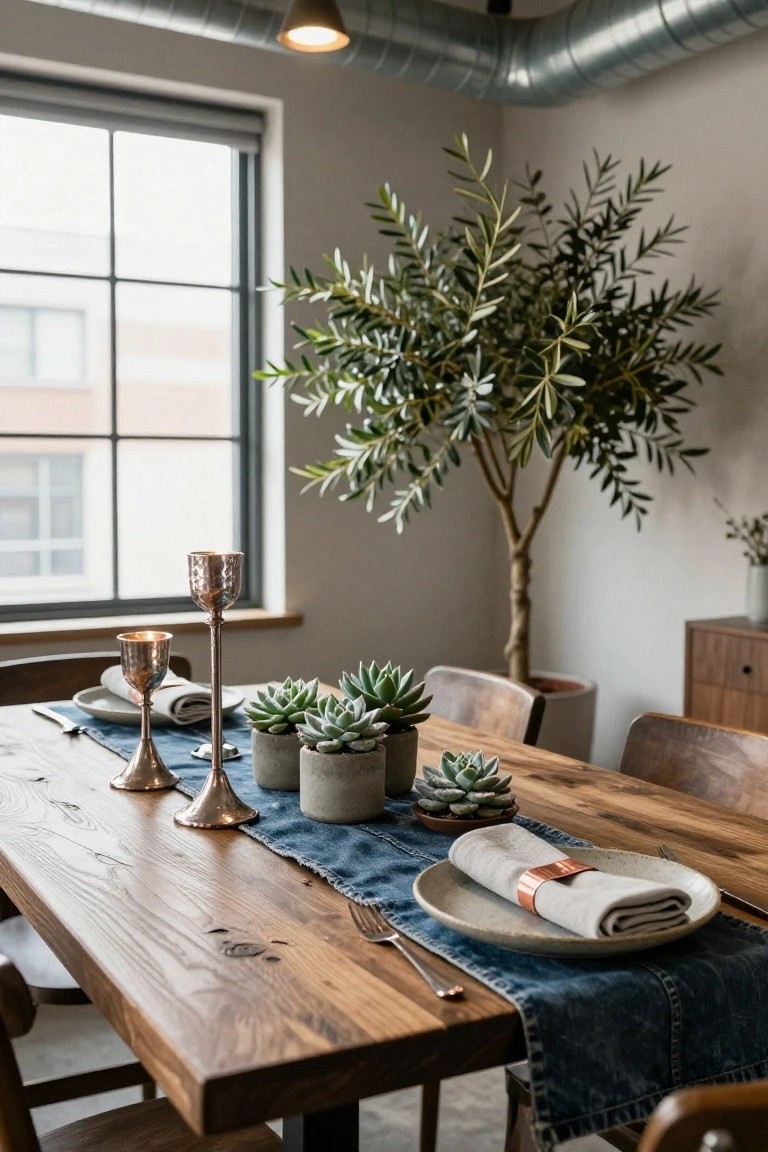 Dining table with blue denim runner topped by small concrete pots of succulents, hammered copper candlesticks, plates with napkins, and wooden chairs in a room with large window and potted olive tree.