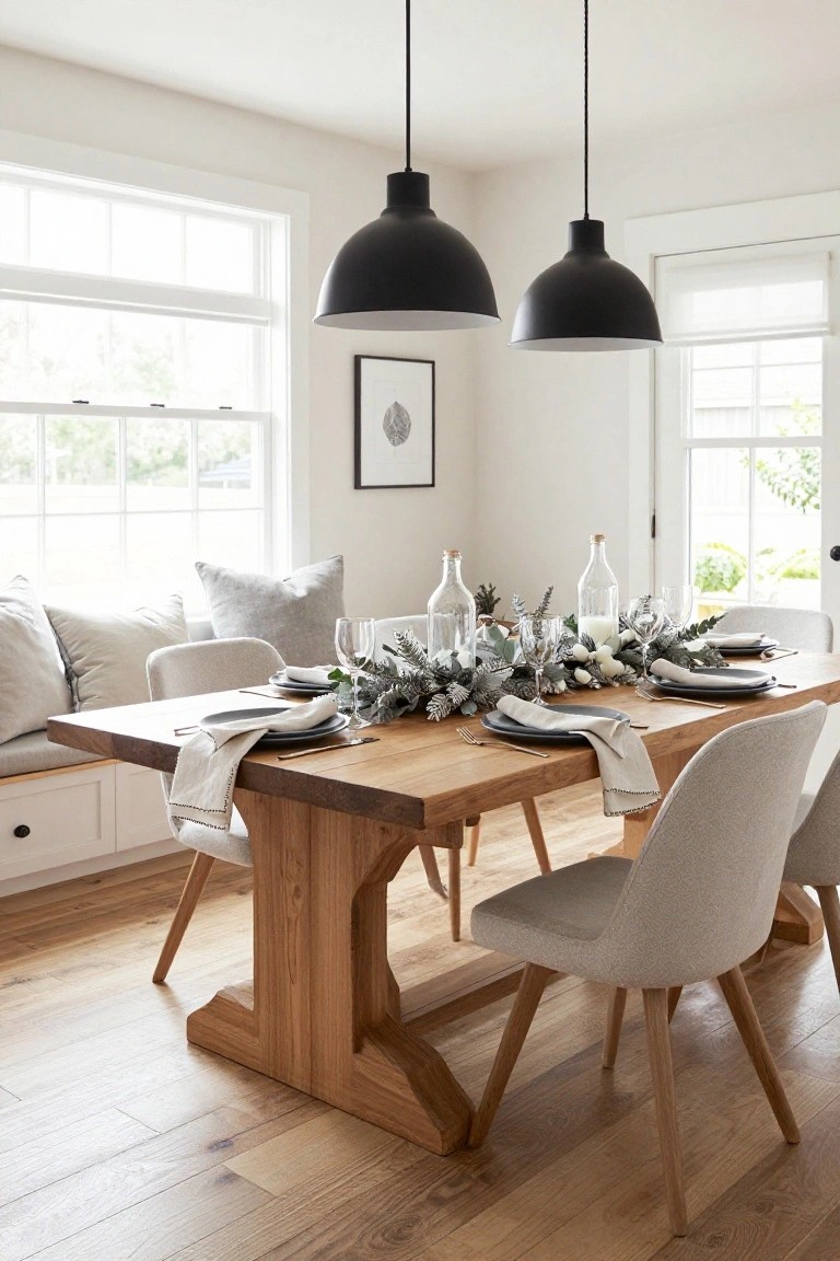 Dining room with rectangular oak table set for Christmas, featuring long silver eucalyptus garland centerpiece, neutral plates with linen napkins, glass bottles, wine glasses, beige chairs, and built-in banquette.