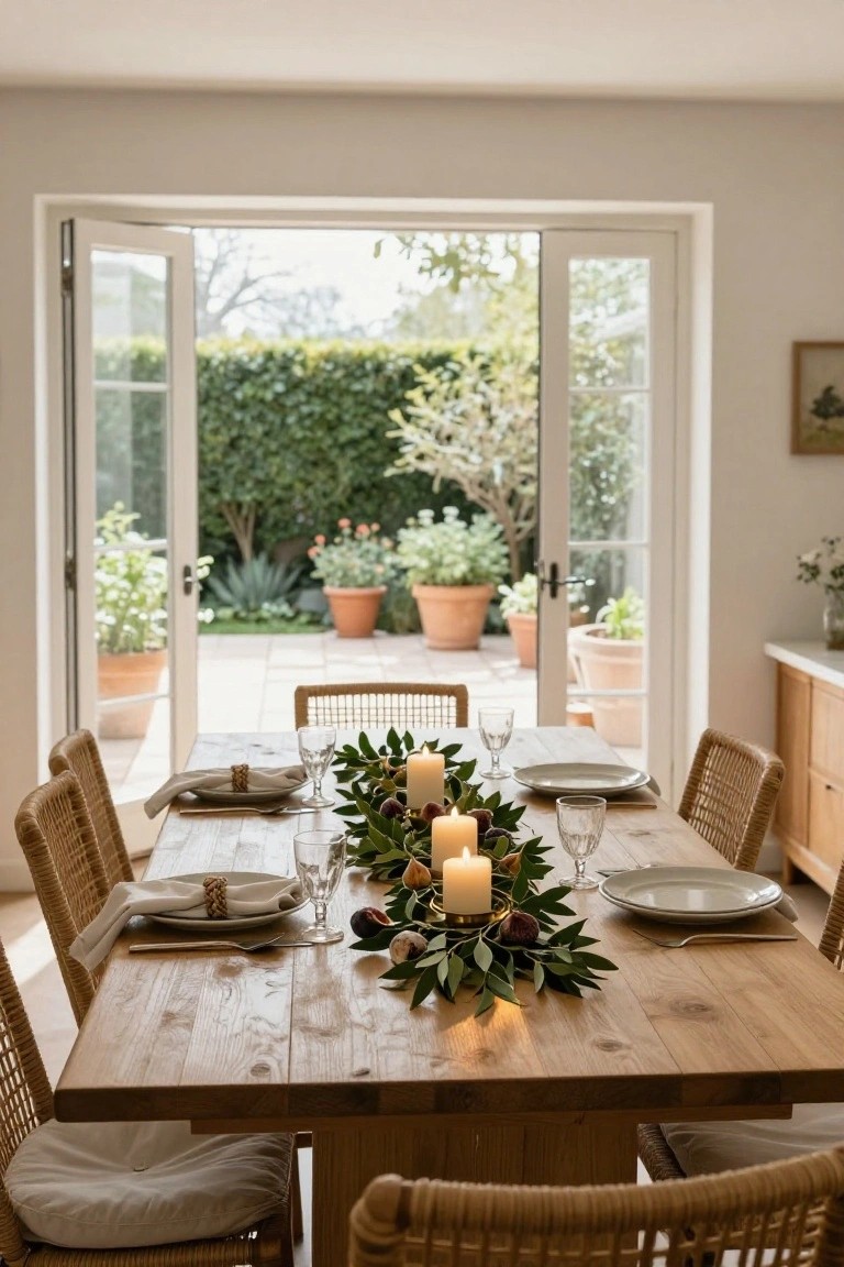 Wooden dining table set with white plates, napkins tied with bracelets, glassware, and a centerpiece of olive branches, white candles, and purple figs, in a light room with open French doors to a garden patio and potted plants.