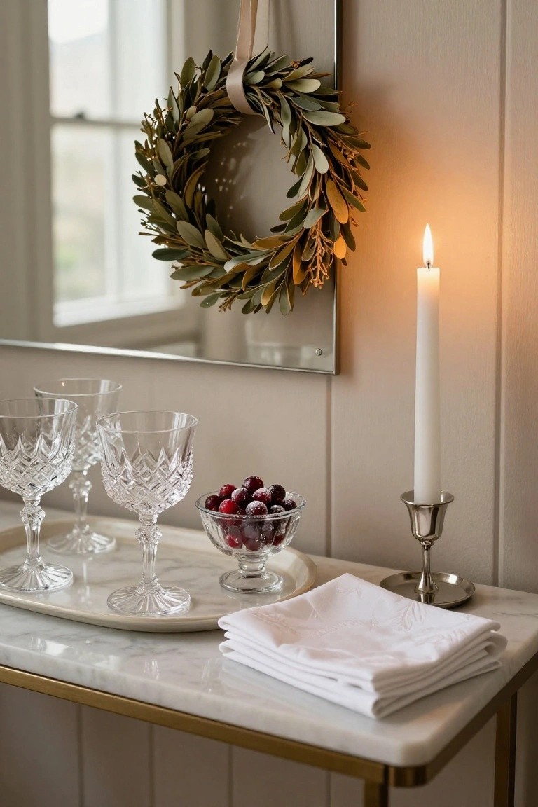 Marble console table with a white tray holding crystal coupes, a glass bowl of cranberries, and white napkins, next to a silver candlestick with a burning white taper candle, and an olive leaf wreath hanging on the wall beside a mirror.