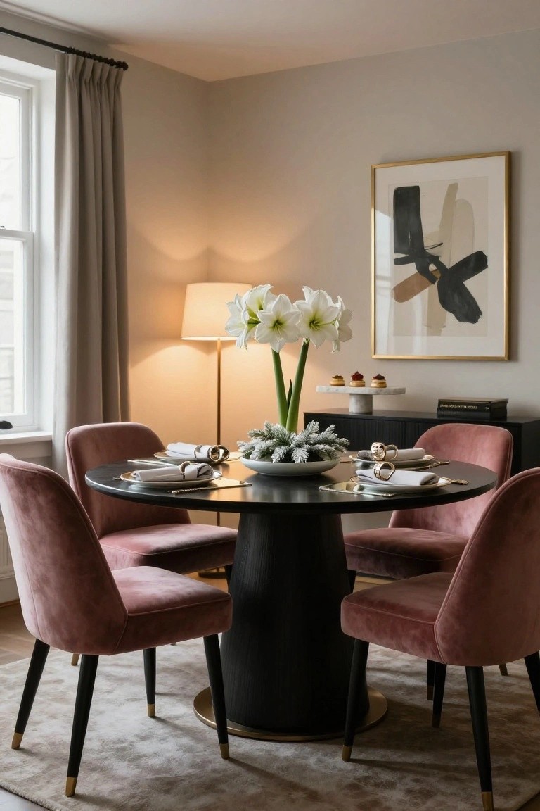 Round black pedestal table in a light gray dining room, surrounded by four blush pink velvet chairs with black legs, set with gold-accented plates, napkins, white lily flowers, frosted greenery, and small cakes on a sideboard.