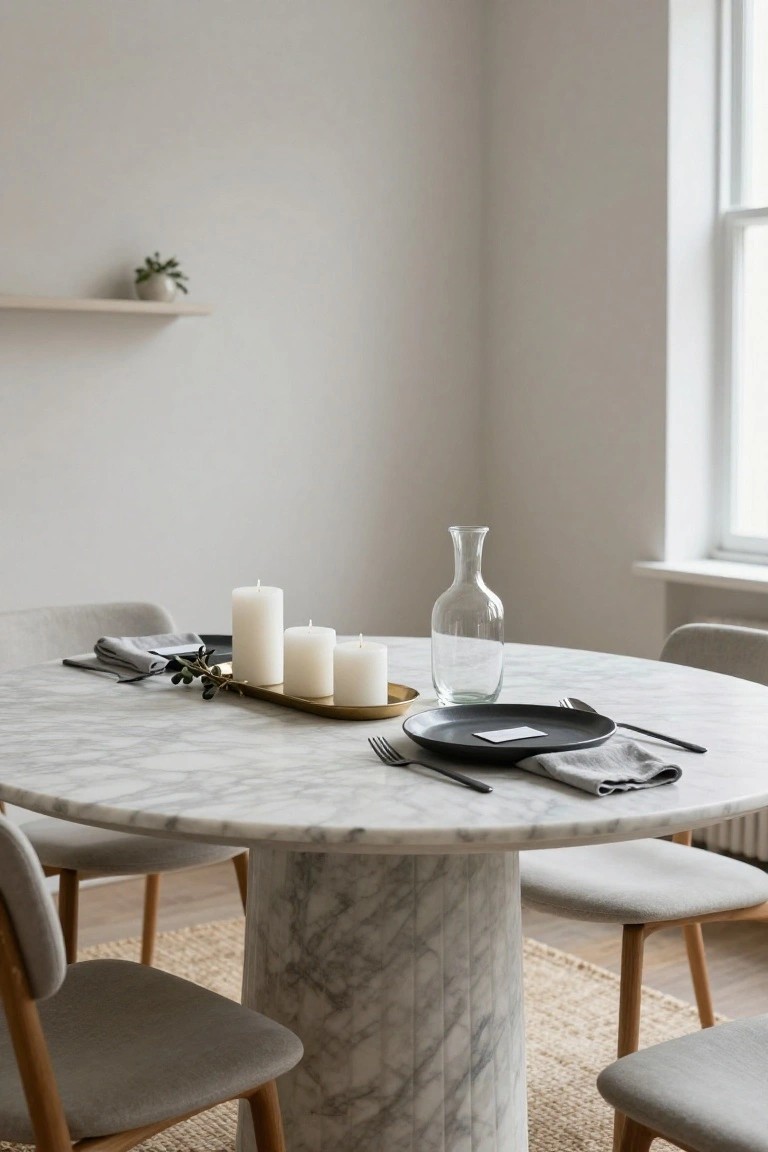 Round white marble pedestal dining table set for two places with black plates, gray napkins, forks, white pillar candles on a gold tray with olive branches, clear glass vase, and gray upholstered chairs in a light gray room.