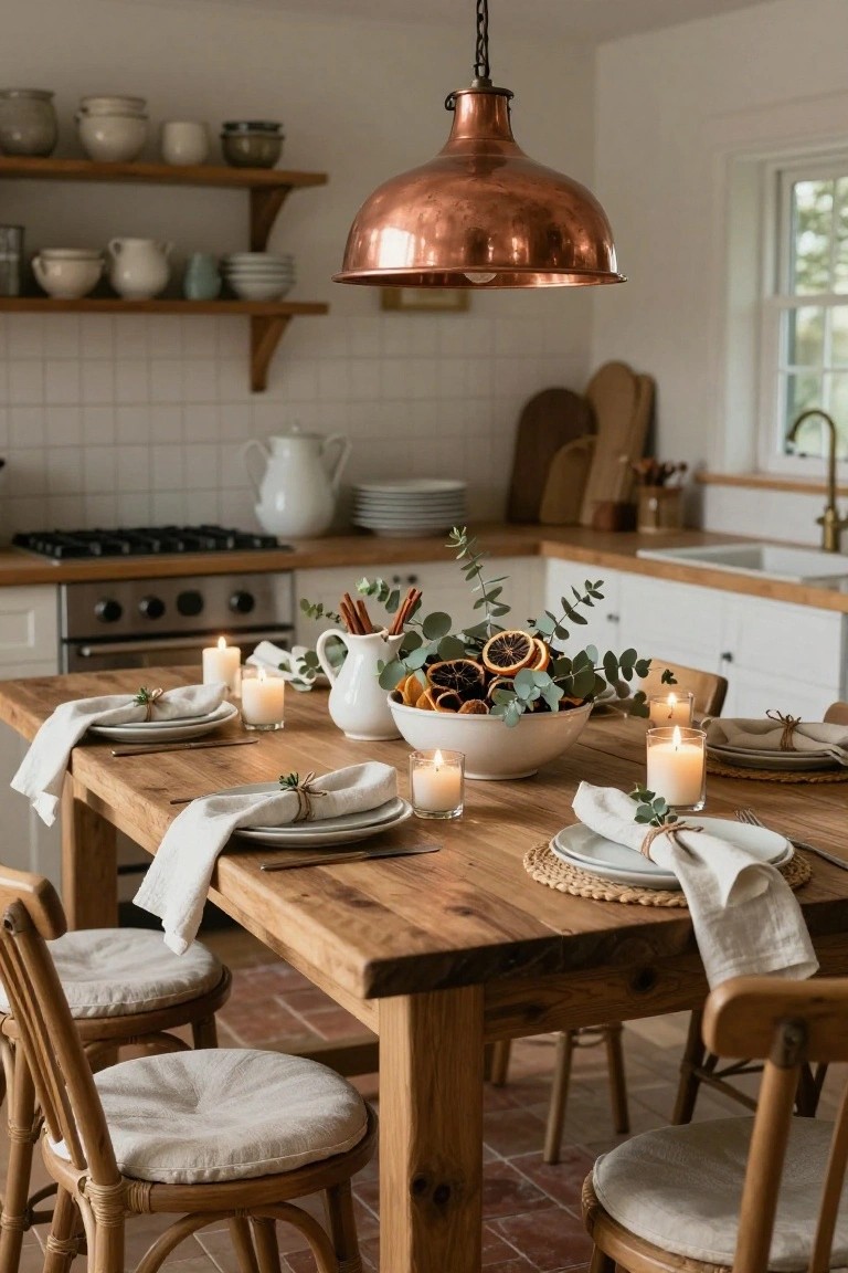 A wooden dining table in a white kitchen set for Christmas with a white bowl centerpiece filled with eucalyptus, dried orange slices, and cinnamon sticks, flanked by white plates on linen napkins tied with twine, glass candles, and rattan placemats.