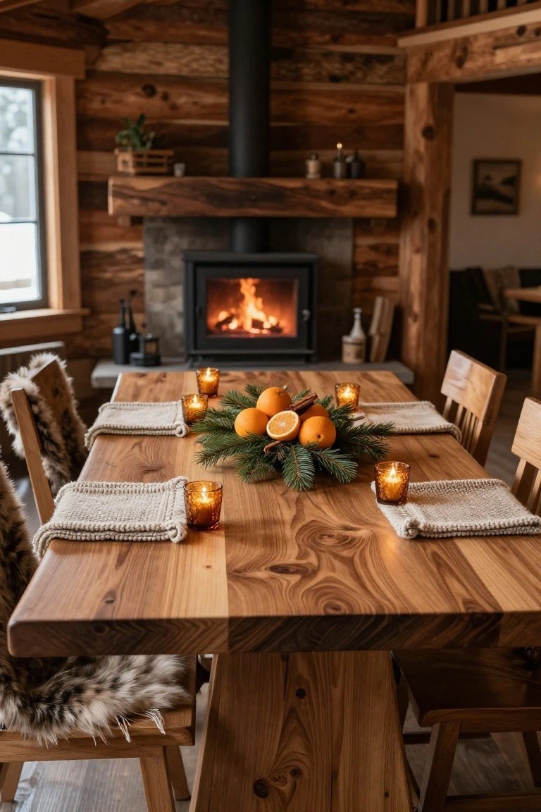 Wooden dining table in a log cabin interior with Christmas centerpiece of oranges, pine branches, cinnamon sticks, and amber candles, fur-upholstered chairs, stone fireplace with fire, and wooden walls.