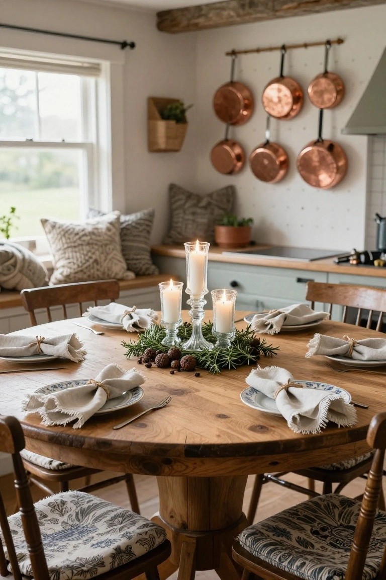 Round wooden dining table in a kitchen nook set with white plates, frayed linen napkins tied with twine, and a central flat wreath of rosemary sprigs, pinecones, and berries surrounding four lit pillar candles in glass holders.