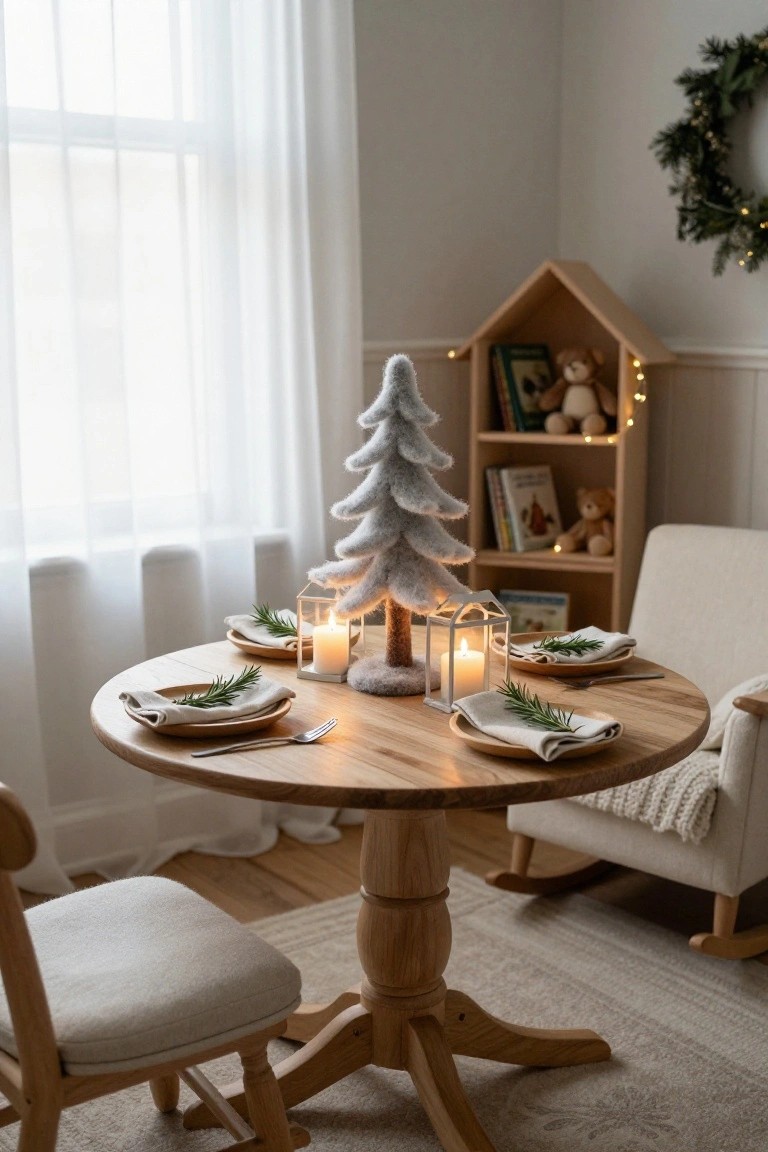 Round oak pedestal table set for four with small white flocked Christmas tree centerpiece, two white candles in metal lanterns, wooden plates with linen napkins and rosemary sprigs, forks, in a beige nursery room with dollhouse shelf, teddy bears, rocking chair, sheer curtains, and Christmas wreath.