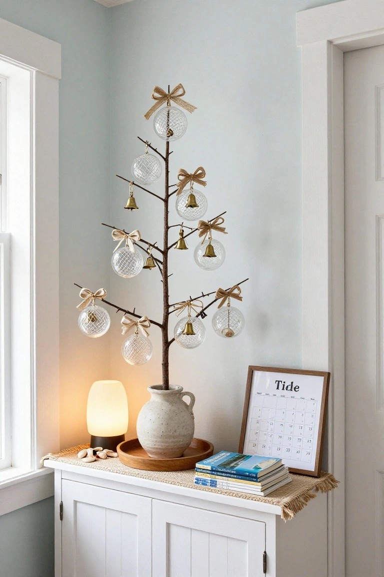 Slender branch Christmas tree decorated with clear glass ornaments, brass bells, and twine bows stands in a pale blue room corner on a white cabinet next to a glazed lamp, terracotta pot, and framed tide calendar.