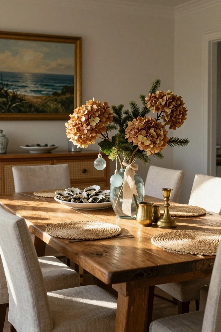 Dining room table with wooden surface, seagrass placemats, brass candlesticks, plate of oysters, and glass vase centerpiece holding dried orange hydrangeas, pine branches, blue ribbon, and hanging blue glass Christmas ornament, rattan chairs, sideboard, and painting of beach scene on wall.