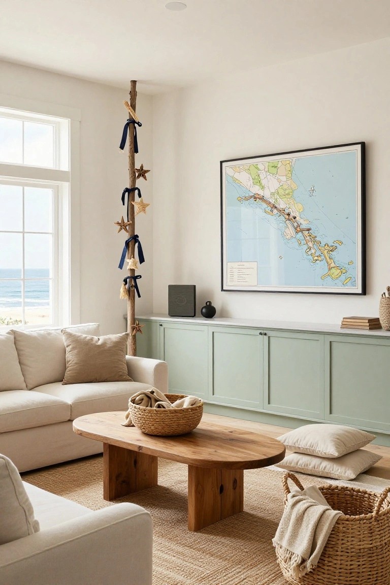 Coastal living room interior featuring a tall driftwood pole decorated with starfish, wooden stars, and navy ribbons as a Christmas tree, beside a white sofa, wooden coffee table, sage green cabinets, and a large framed map, with beach view through windows.
