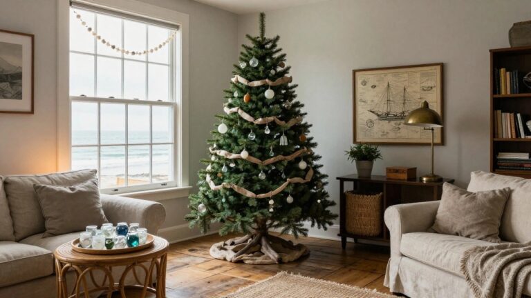 Living room corner with a Christmas tree decorated in white ribbons, glass and white ornaments, driftwood garland, beside a beige sofa and wicker coffee table, window showing ocean view.