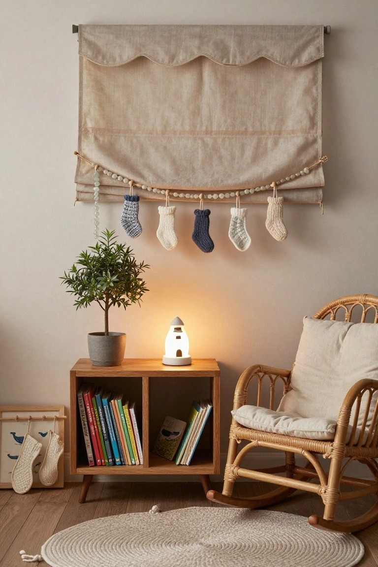 Cozy beige nursery corner with wooden bookshelf holding children's books, rattan rocking chair with cream cushions, potted green plant, white lighthouse lamp, and several knit Christmas stockings in white, cream, and navy hanging from a beaded wooden rod above a linen curtain.