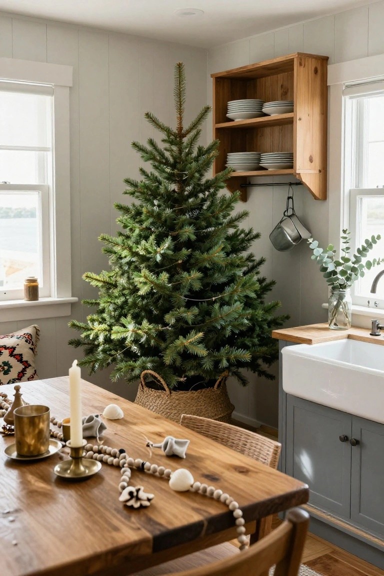 Kitchen interior with a small potted Christmas tree in the corner next to a wooden dining table holding candles, brass holder, bead garlands, and white shells, beside a white farmhouse sink and windows overlooking water.