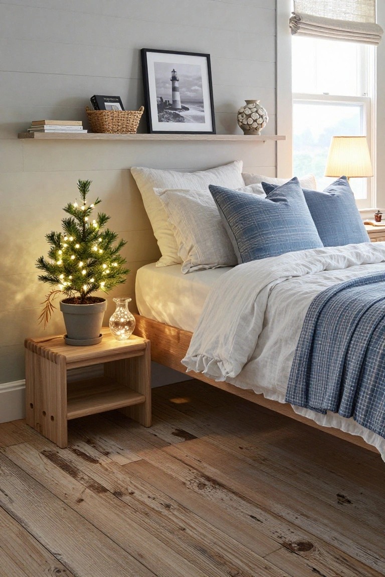Cozy bedroom featuring a bed, plaid cushions, small tree, and warm wooden decor.