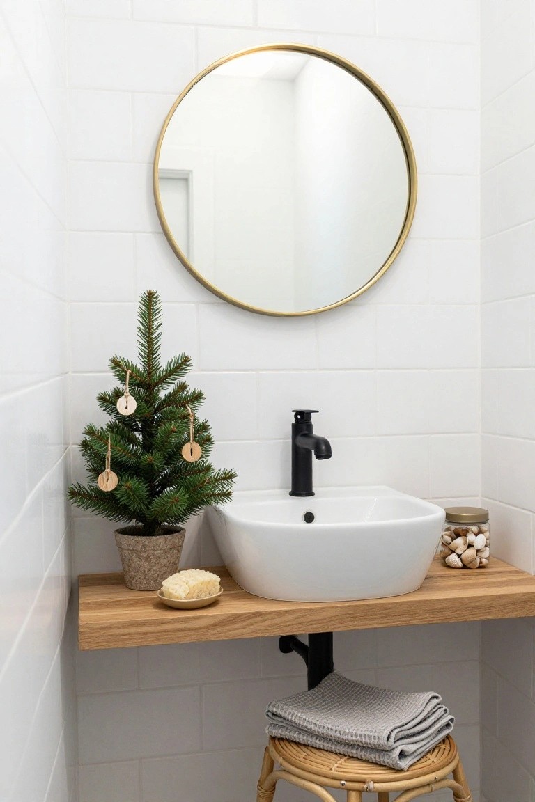 Small potted Christmas tree with wooden circle ornaments next to a white vessel sink on a wooden shelf in a white-tiled bathroom with gold round mirror, black faucet, soap dish, shell accents, gray towels, and rattan stool.