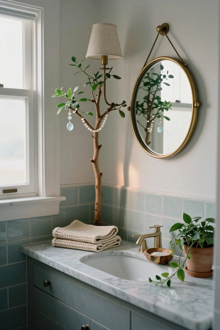 Bathroom vanity area featuring a marble sink with gold faucet, stacked white towels, potted plants, wooden bowl, round gold mirror on wall, tall branch floor lamp with pearl beads and blue pendant, and light green subway tile backsplash next to a window.