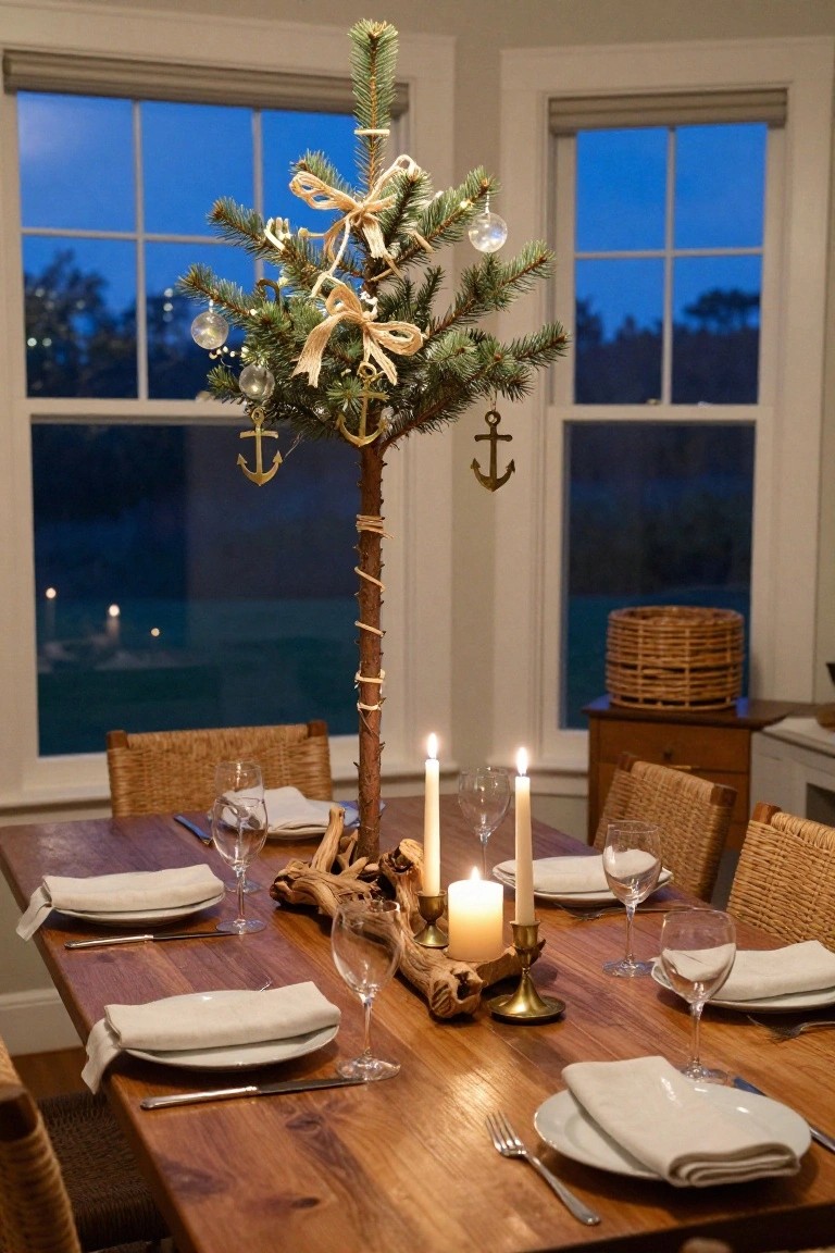 Dining table set with white plates, linen napkins, wine glasses, and candles on driftwood centerpiece, small Christmas tree on tall trunk decorated with anchors and ornaments standing nearby, large windows showing dusk view outside.