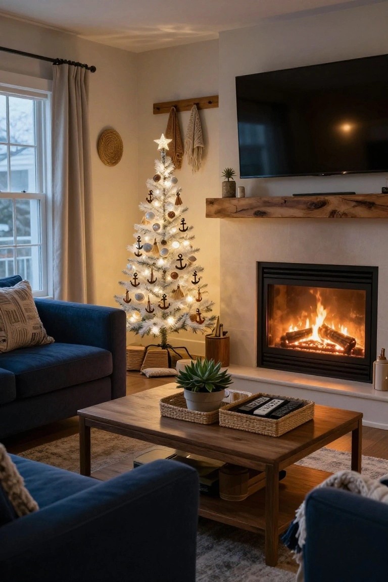 Living room with small white flocked Christmas tree decorated with anchor and shell ornaments next to a burning gas fireplace, navy blue sofas, wooden coffee table with baskets, wall-mounted TV, and plants on mantel.