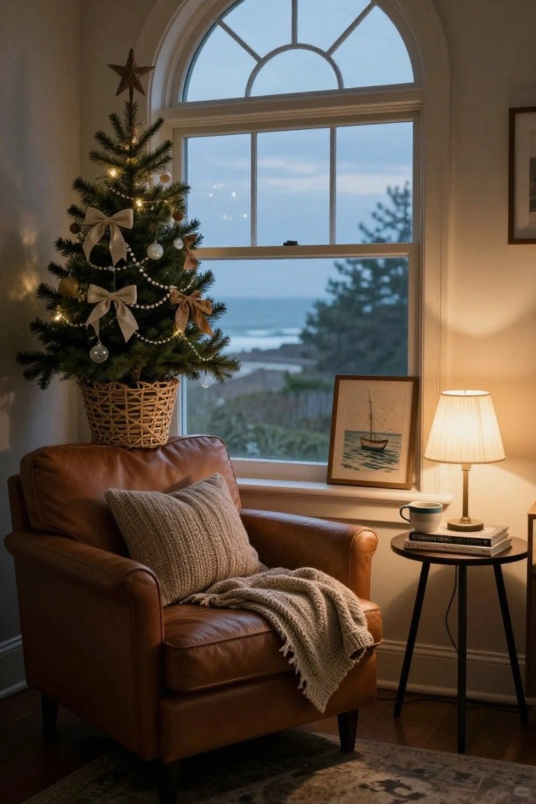 Interior corner featuring a small decorated Christmas tree in a woven basket next to a tan leather armchair by a large arched window with ocean view, including a lamp, side table with mug and books, and a framed boat painting.