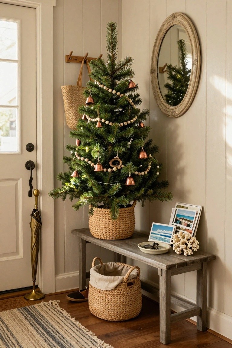 Small artificial Christmas tree decorated with brass bells and bead garlands stands in a seagrass basket in a beige entryway corner beside a wooden bench, seagrass baskets, umbrella stand, and framed coastal photos.
