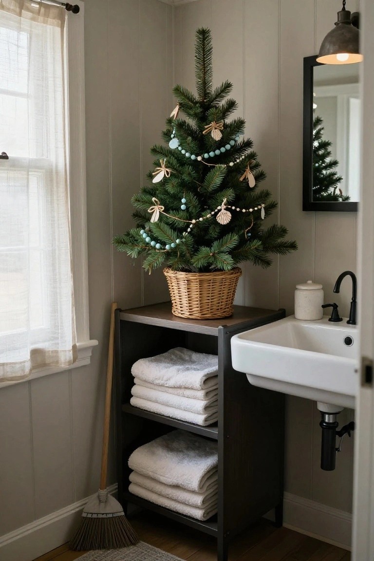 Small potted Christmas tree decorated with blue bead garlands and shell ornaments stands in a woven basket next to a bathroom vanity with stacked white towels on open shelves below, in a light gray paneled room with a window, mirror, and broom leaning nearby.