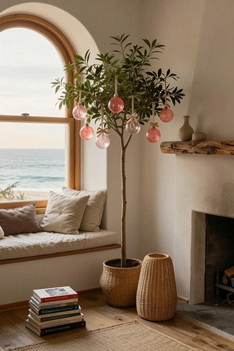 Corner of a white-walled room with a potted olive tree decorated with pink glass baubles hanging from branches, positioned by an arched window overlooking the ocean, next to a cushioned window seat, stacked books, woven baskets, and a fireplace.