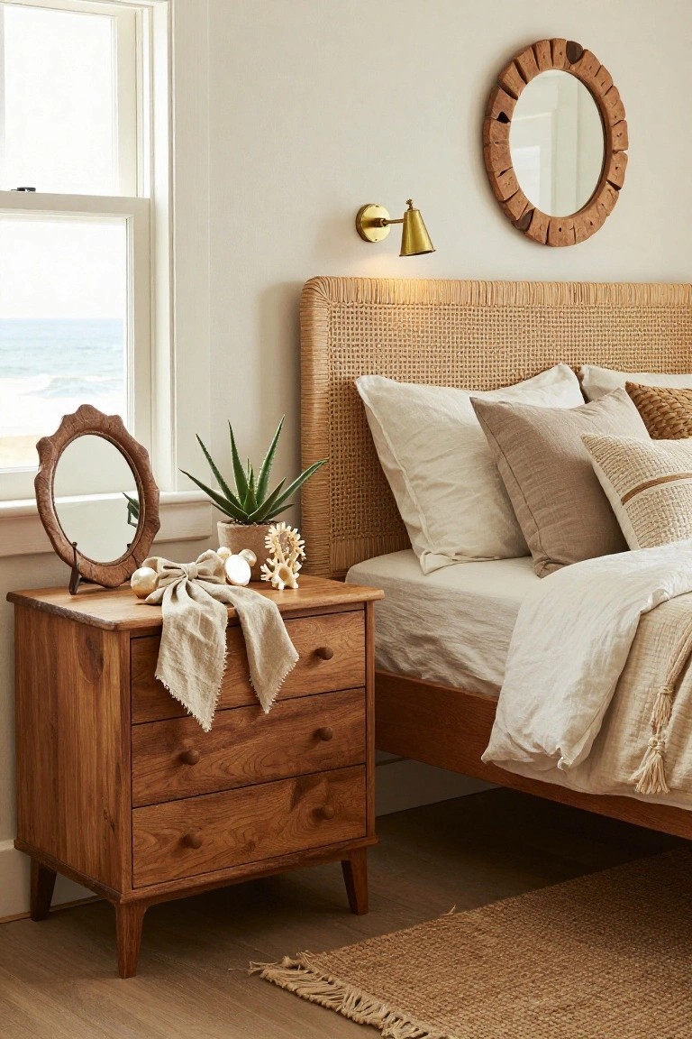 Bedroom with rattan headboard, wooden nightstand holding aloe plant, shells, and carved mirror, neutral beige pillows and bedding, and window showing ocean view.