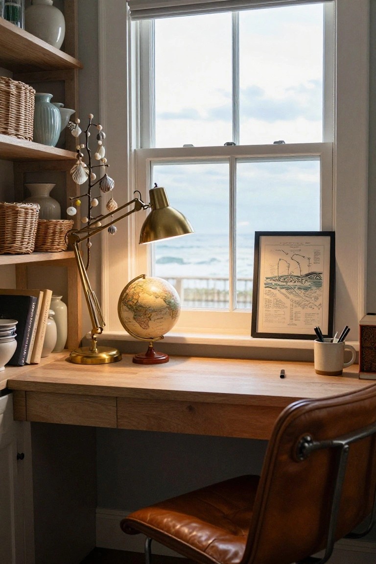 Wooden desk with brass adjustable lamp decorated with shell and driftwood garland, globe, books, wicker baskets on shelves, and window showing ocean view, in a light-colored interior room.
