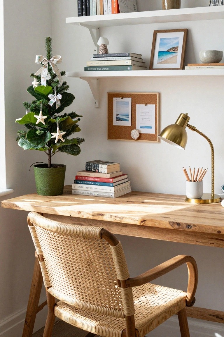 Small potted Christmas tree decorated with white starfish ornaments and ribbons on a wooden desk in a home office with bookshelves, a rattan chair, and a brass lamp.