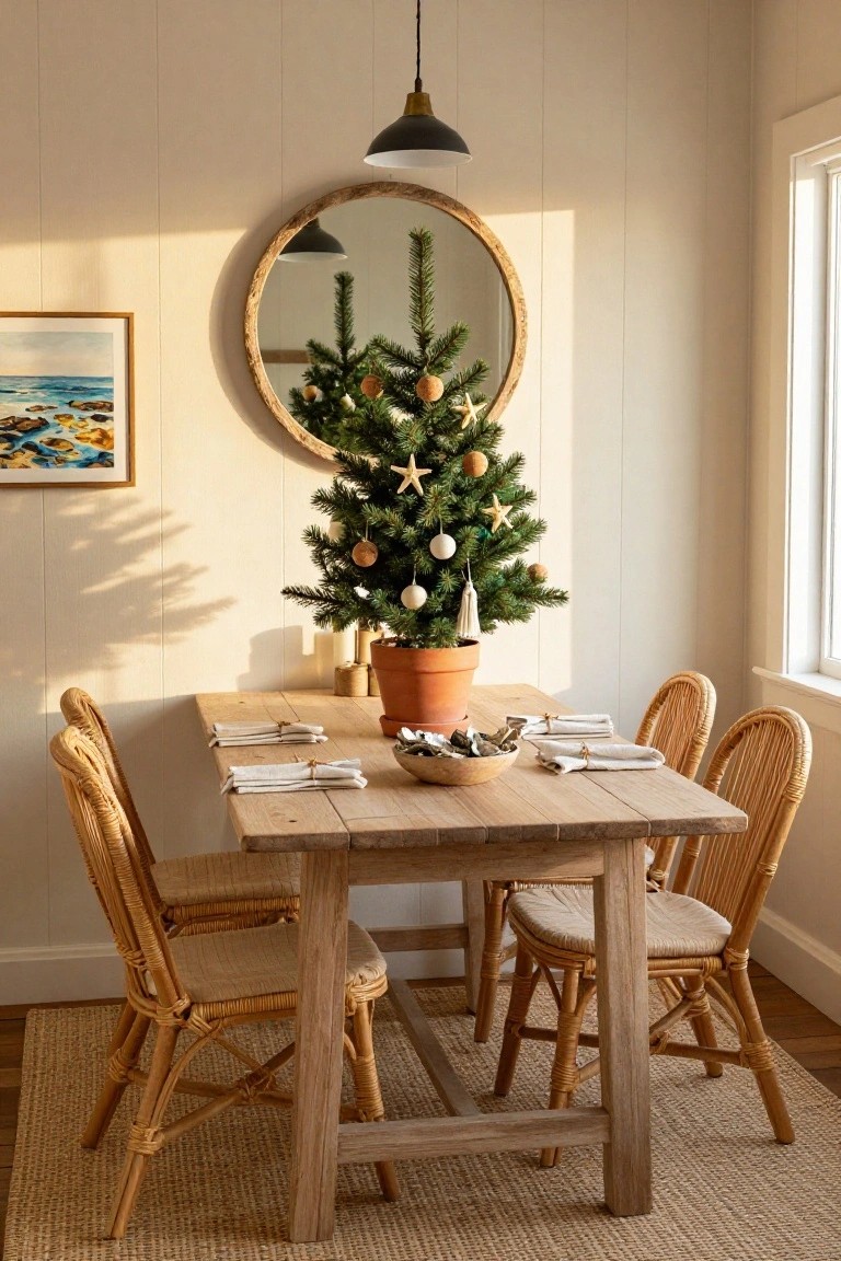 Small potted evergreen Christmas tree decorated with starfish, shells, oranges, and white balls placed next to a wooden dining table set with white napkins, shell bowls, and rattan chairs in a light beige room with a round wood mirror and ocean painting.