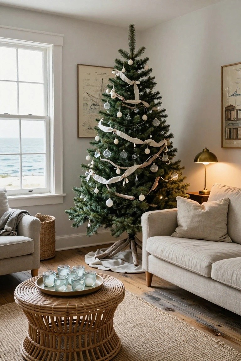 Living room corner with a Christmas tree decorated in white ribbons, glass and white ornaments, driftwood garland, beside a beige sofa and wicker coffee table, window showing ocean view.